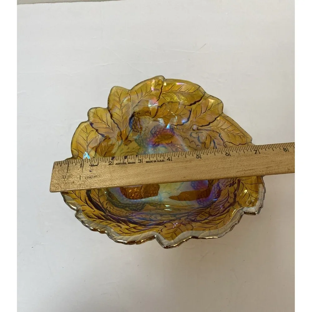 Vintage Indiana Carnival Glass Loganberry Leaf Amber Marigold Candy Dish Bowl